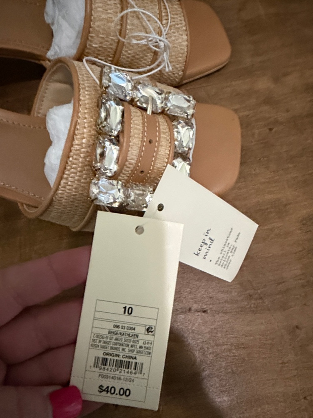 A New Day Beige Raffia Block Heel Slide Sandals with Crystal Buckle size 10 - Picture 5 of 5